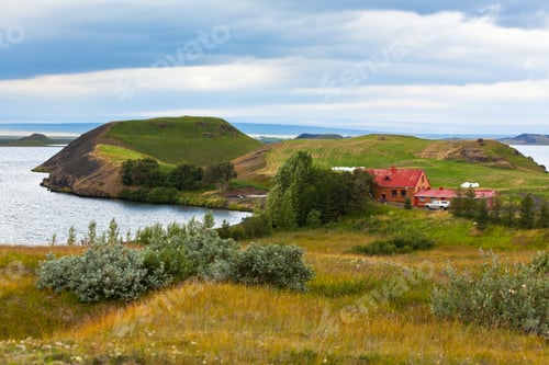 Preview: Icelandic Landscape with Cottage at Mivatn Lake Coastline
