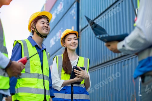 Preview: Teamwork engineer technician and foreman and partner wearing safety helmet in cargo