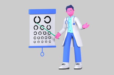 Visualização: Médico de desenho animado com gráfico oftalmológico
