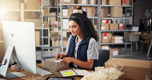Preview: Woman, label and box for warehouse distribution of packaging, inventory management and receipt. Per