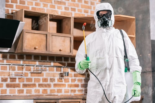 Preview: pest control worker in uniform standing with sprayer in kitchen