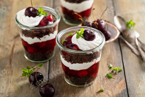 Vorschau: Black forest trifles, dessert in jars concept