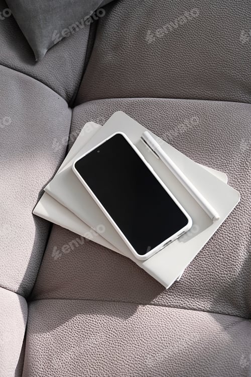 Preview: Smartphone and Notebooks on a Sofa. Remote Study or Communication.