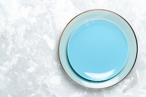 Preview: top view empty round plate blue colored on white desk plate kitchen food cutlery color glass
