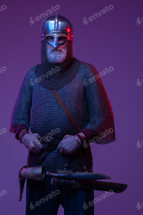 Preview: Ancient knight with gray beard against purple background