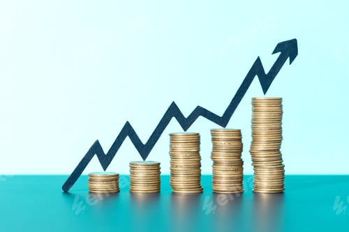 Preview: Stacks of coins and rising arrow indicating positive financial growth