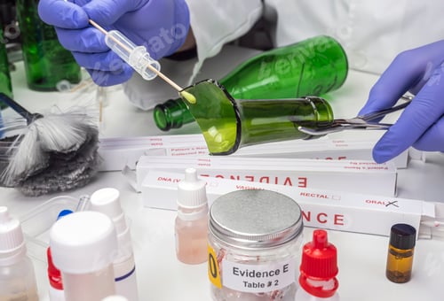 Preview: Police expert gets blood sample from a broken glass bottle in Criminalistic Lab, conceptual image