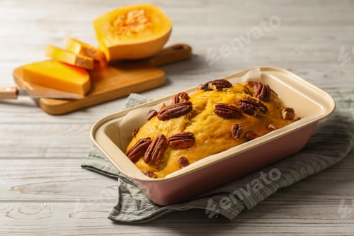 Preview: Delicious pumpkin bread with pecan nuts on light wooden table
