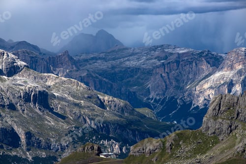 Preview: Panoramic view from the top of the Marmolada Glacier in summer mist, Dolomites, South Tyrol, Italy.