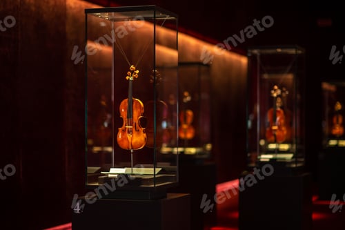 Preview: Violinmaking historical masterpieces on Display in Treasure box room in violin museum Cremona, Italy