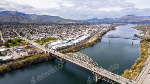 Preview: Aerial view of the Wenatchee Valley and nearby bright blue Columbia River on a bright day