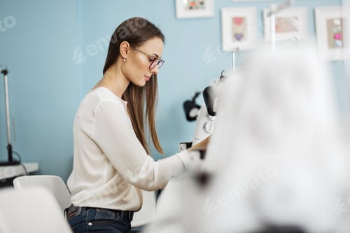Preview: A smart-looking pretty brunet woman wearing white shirt is sewing with the electric sewing-machine