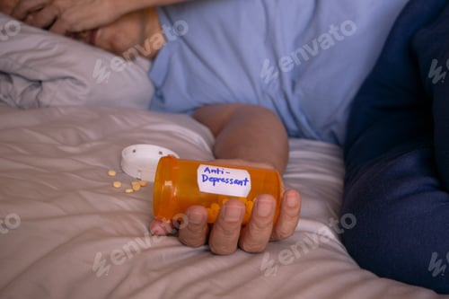 Preview: Depressed man on bed taking anti-depressant pill.