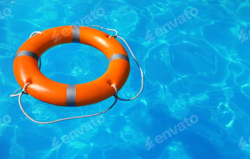 Preview: Lifebuoy floating in swimming pool on sunny day. Space for text