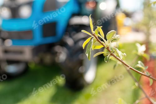 Preview: Agricultural tractor in apple fruit orchard on sunny summer day, selective focus