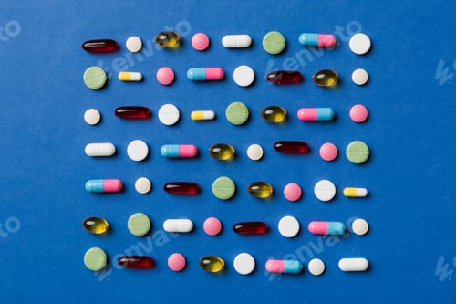 Preview: Many different pills and space for text on colorful background, top view. Different pills