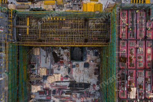 Preview: Aerial top-down view of a bustling construction site in Wuhan, China during the daytime