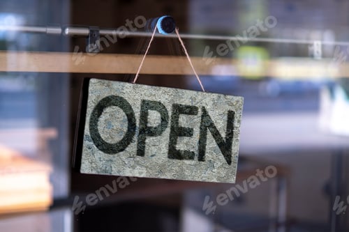 Preview: simple sign board frame hanging on the wall of the building exterior with the word "open", working h