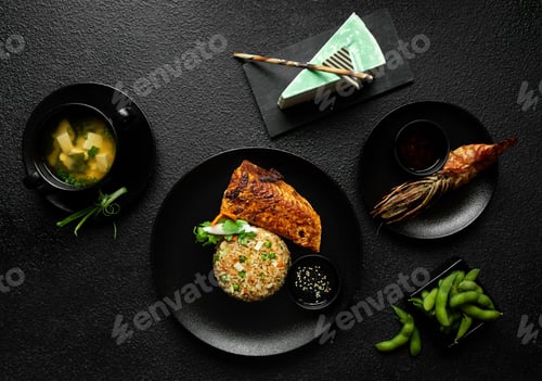 Preview: Japanese meal with miso soup, grilled salmon, and green tea cake