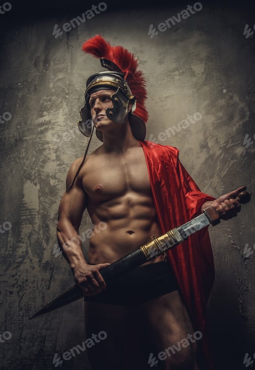Preview: Shirtless muscular man in roman armour.
