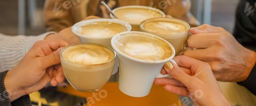 Preview: Group of friends drinking coffee in bar and toasting with each other