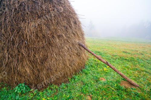 Preview: A large haystack stands on a green field among the dense gray fog
