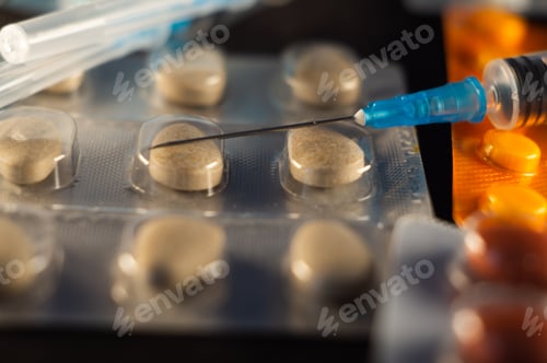 Preview: Closeup shot of pharmaceutical capsules, pills and syringes