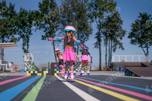 Preview: Children roller skating at the Rollerdrome on a sunny summer day