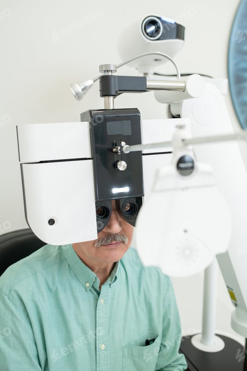 Preview: Senior patient sitting in front of ophthalmological diagnostic equipment
