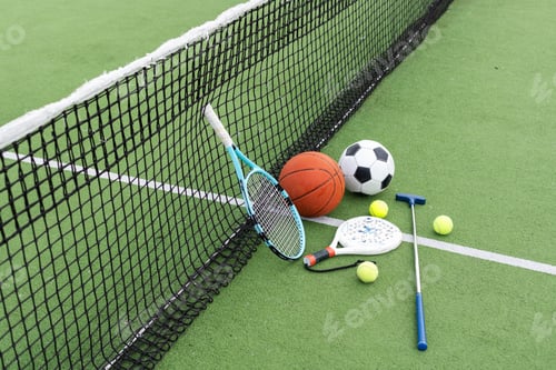 Preview: Set of sport equipment on green grass