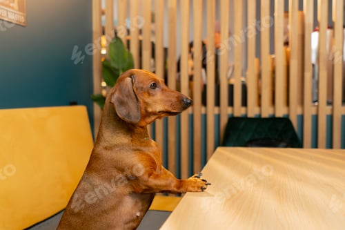 Preview: A small cute dachshund dog sits in cafe with a love for pets and looks into distance with interest
