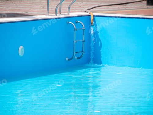 Preview: Pouring fresh water into swimming pool. Clear blue water refreshing disinfection purification, algae