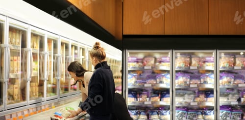 Preview: Two Women Choosing Frozen Food From A Supermarket Freezer