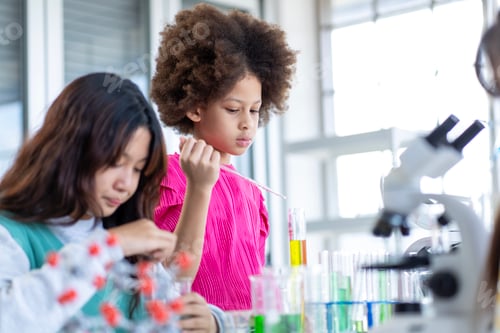 Preview: Group of boys and girls who love science Having fun doing experiments in the school lab.