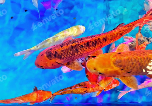 Preview: Big orange koi fishes are swimming in the blue water