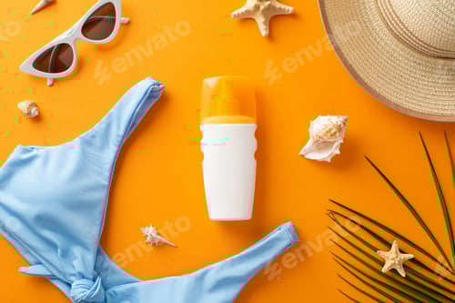 Preview: Ultraviolet protection on the beach concept. Top view photo of shells and palm leaves, sunglasses