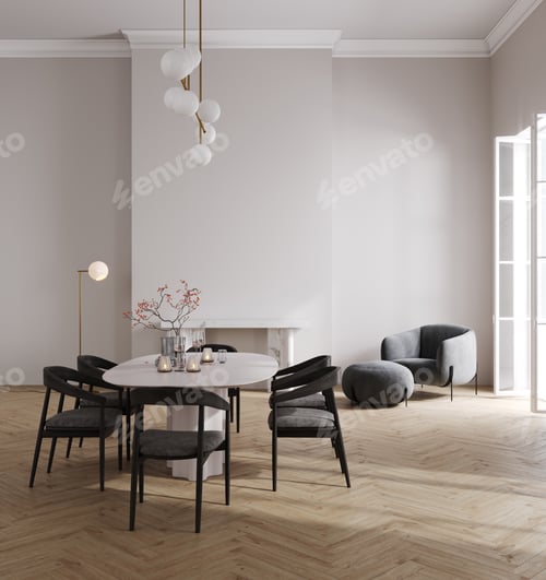 Preview: Luxury interior mockup with black chair, white table and wooden floor, 3d render