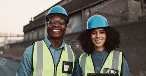 Preview: Construction site, teamwork and portrait of people for planning, inspection and maintenance. Civil