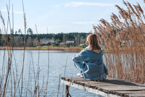 Preview: travel,adventure,Rest on the lake. A young girl traveler is resting near the water. Eco travel