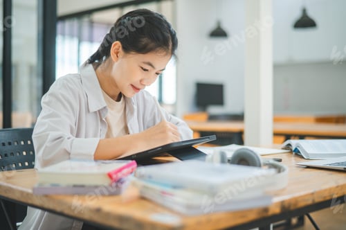 Preview: Young Asian college student doing report, drawing on tablet in cafe.