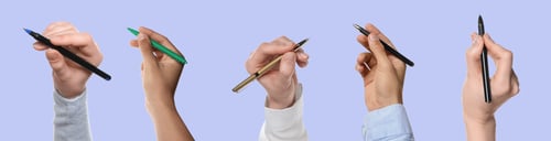 Preview: Men and women holding pens on pale violet background, closeup. Collage design