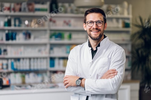 Preview: Portrait of a happy pharmacy shop owner standing in the drug store and smiling at the camera.