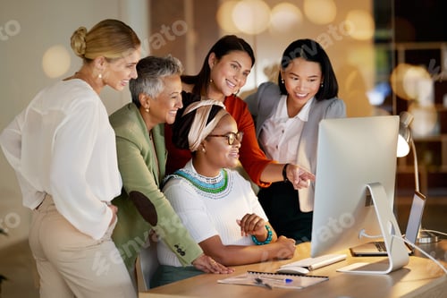 Preview: Teamwork, management and a business woman with her team, working on a computer in the office at nig