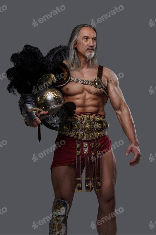 Preview: Aged but still mighty muscular gladiator with long grey hair and beard