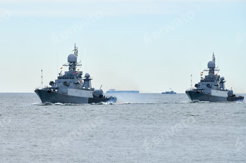 Preview: Flotilla of Russian warships sailing toward military target, armed warships ready for attack enemy