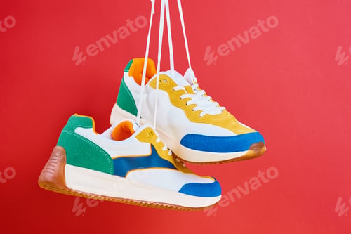 Preview: Stylish trendy shoes on red background