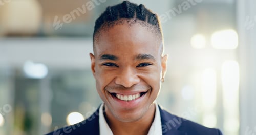 Preview: African businessman, smile and face in office with confidence, ambition and excited for growth in c