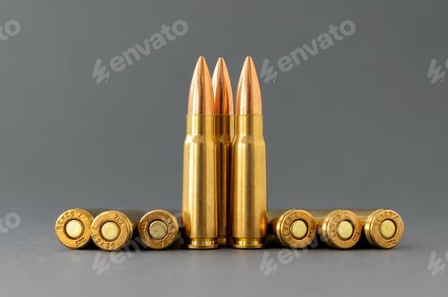 Preview: Bullets on gray background. Cartridges 7.62 caliber for Kalashnikov assault rifle
