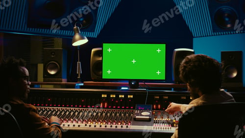 Preview: Team of music engineer and artist recording tracks on greenscreen