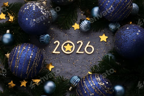 Visualização: Fundo azul de Ano Novo de 2026. Número do próximo ano na decoração de Natal.